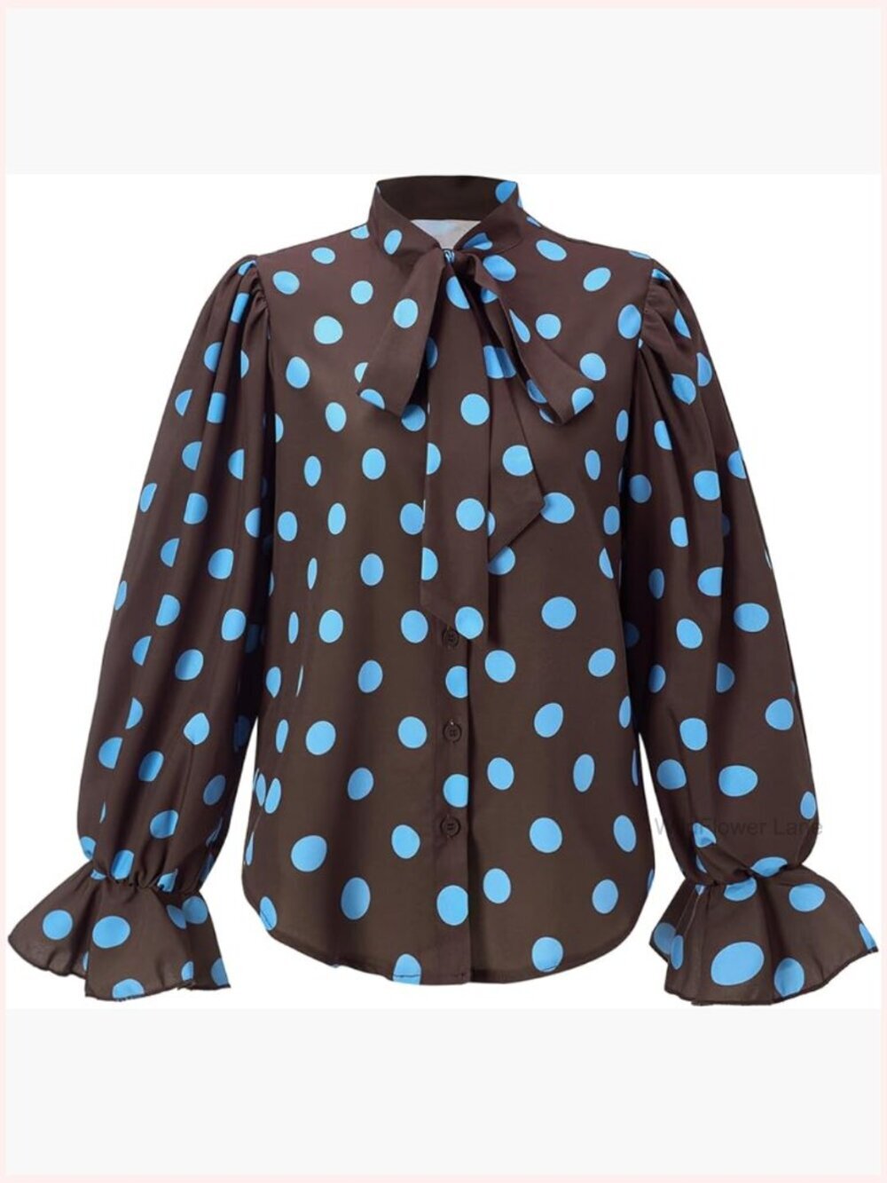 Vintage Polka Dot Tie Neck Blouse Puff Sleeve Button Down Shirt Work Tops